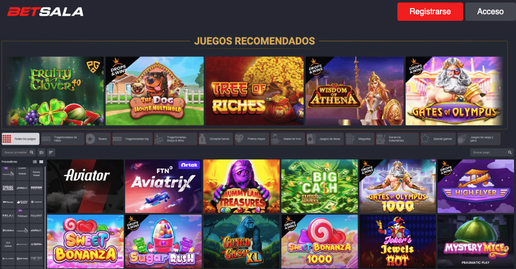 Vista de juegos populares en la interfaz de Betsala
